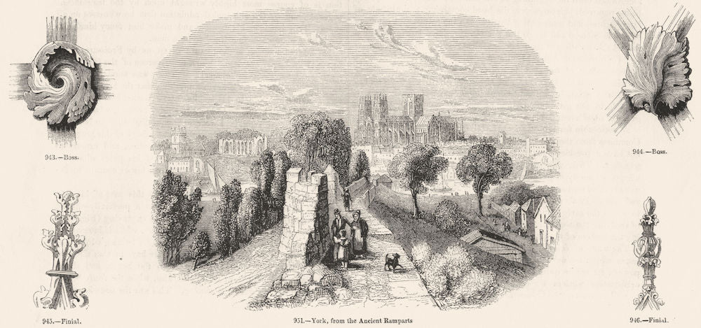 YORKS. Boss; Finial; York, Ramparts; ;  1845 old antique vintage print picture